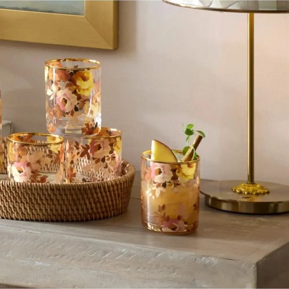 MacKenzie-Childs Wild Rose Tumbler Glass Set of 4 Floral Barware in Original Box